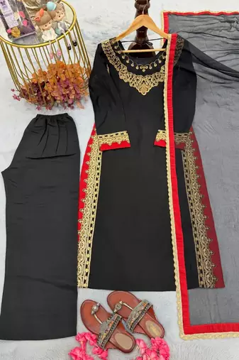 Black mul chanderi embroidered top  roman silk blend palazzo & dupatta set