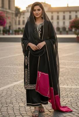 Designer black jimmy choo embroidered top  palazzo & dupatta set 1