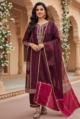 Designer maroon jimmy choo embroidered top  palazzo & dupatta set 1