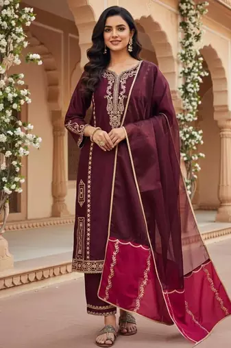 Designer maroon jimmy choo embroidered top  palazzo & dupatta set