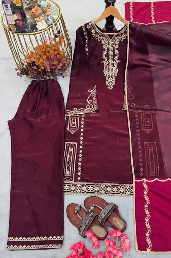 Designer maroon jimmy choo embroidered top  palazzo & dupatta set