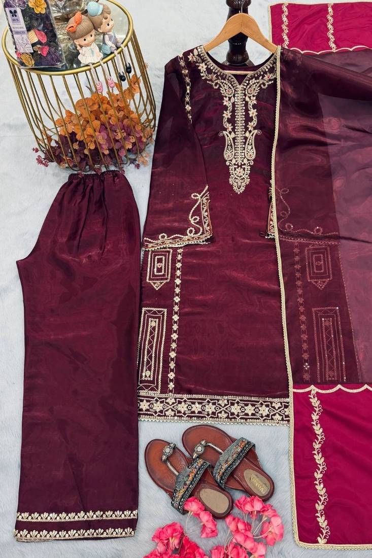 Designer maroon jimmy choo embroidered top  palazzo & dupatta set