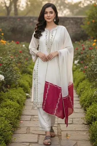 Designer white jimmy choo embroidered top  palazzo & dupatta set