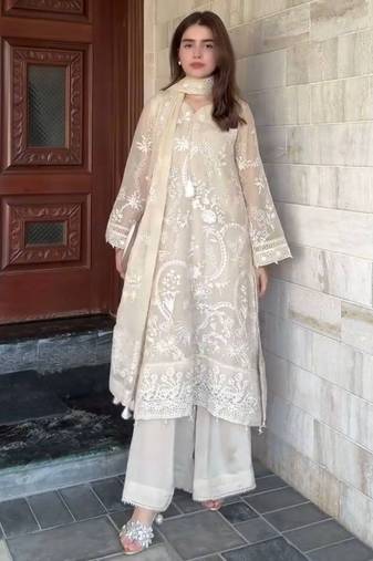 White faux georgette embroidered top  palazzo & dupatta set