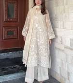 White faux georgette embroidered top  palazzo & dupatta set