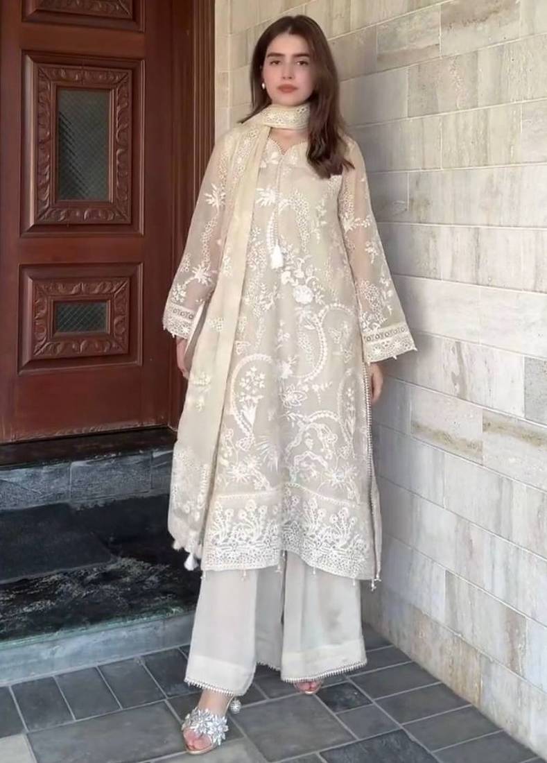 White faux georgette embroidered top  palazzo & dupatta set