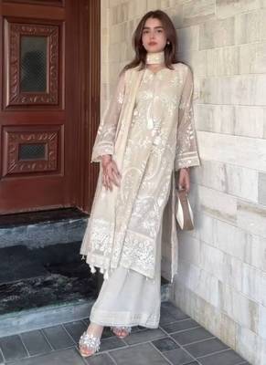 White faux georgette embroidered top  palazzo & dupatta set 2