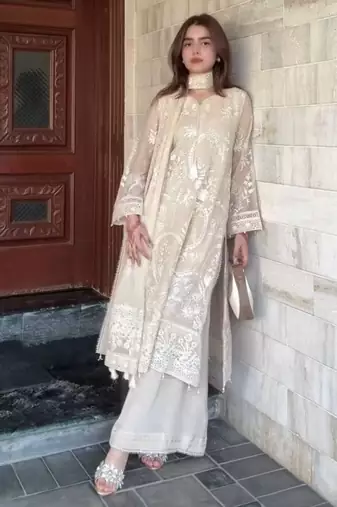 White faux georgette embroidered top  palazzo & dupatta set