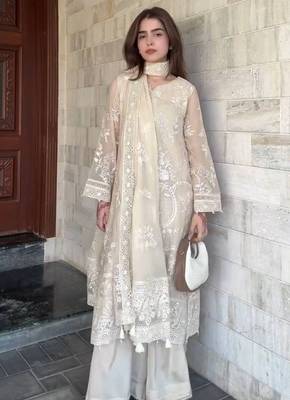 White faux georgette embroidered top  palazzo & dupatta set 3