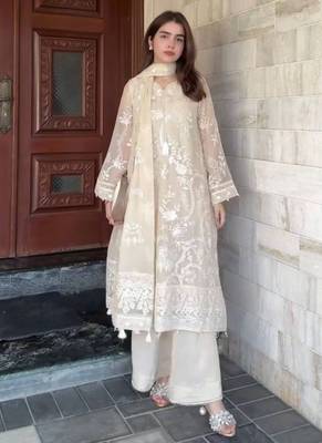 White faux georgette embroidered top  palazzo & dupatta set 4