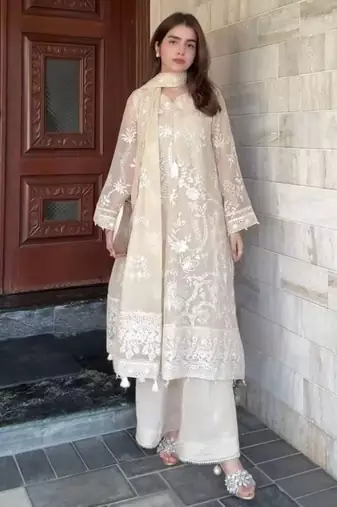 White faux georgette embroidered top  palazzo & dupatta set