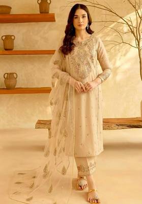 Designer roman silk blend embroidered top  bottom & net dupatta set 1