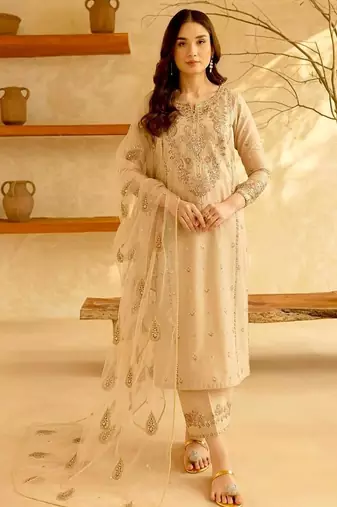 Designer roman silk blend embroidered top  bottom & net dupatta set