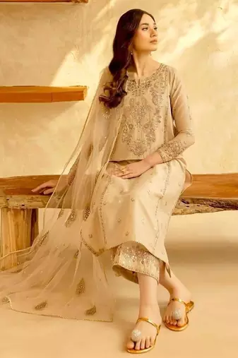 Designer roman silk blend embroidered top  bottom & net dupatta set