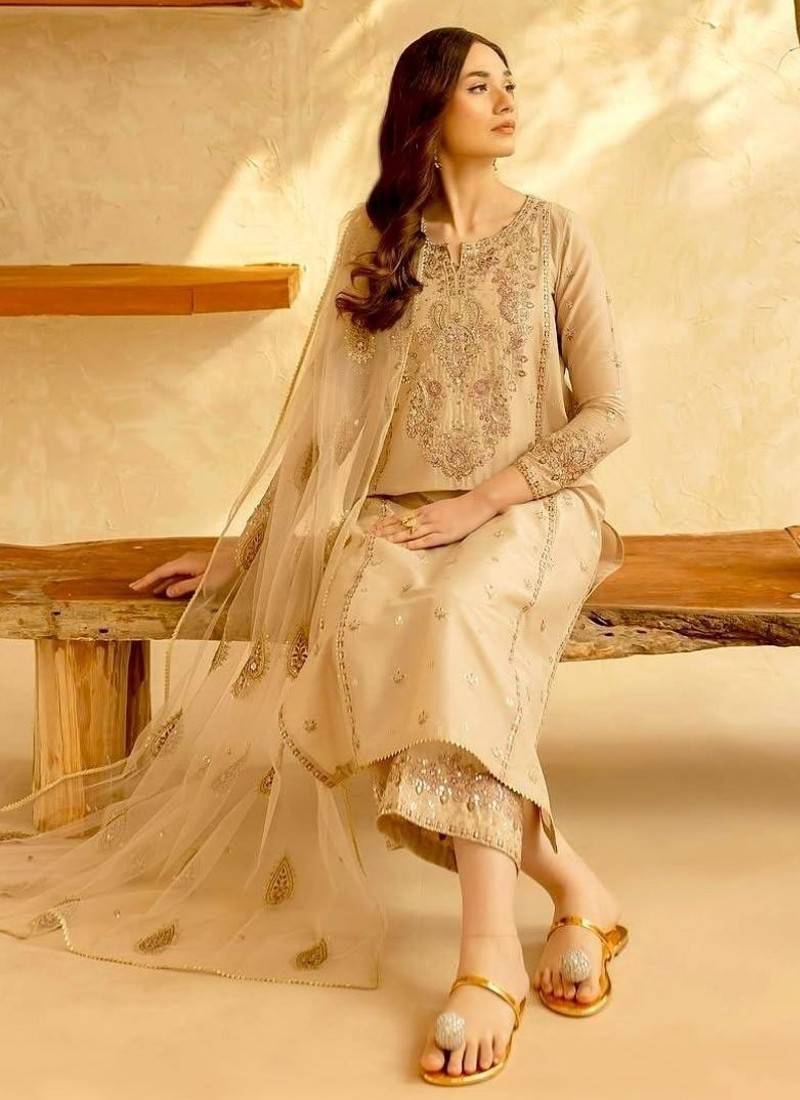 Designer roman silk blend embroidered top  bottom & net dupatta set