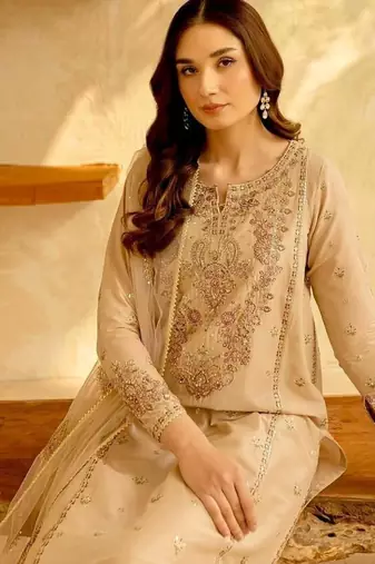 Designer roman silk blend embroidered top  bottom & net dupatta set