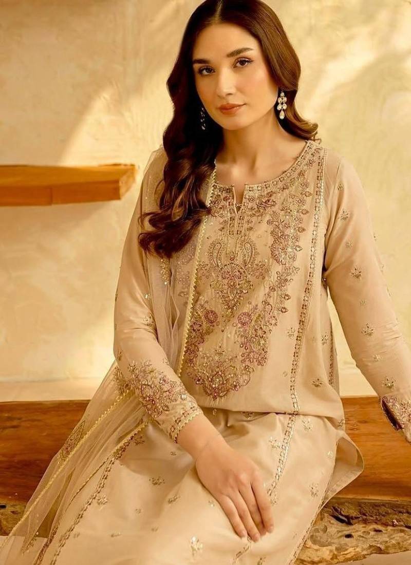 Designer roman silk blend embroidered top  bottom & net dupatta set
