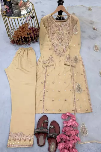 Designer roman silk blend embroidered top  bottom & net dupatta set