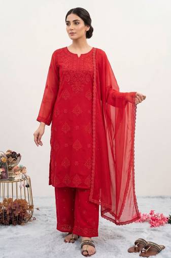 Red chikankari faux georgette embroidered top  palazzo & dupatta set