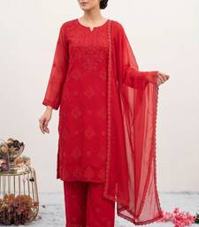 Red chikankari faux georgette embroidered top  palazzo & dupatta set