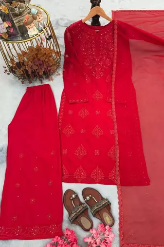 Red chikankari faux georgette embroidered top  palazzo & dupatta set