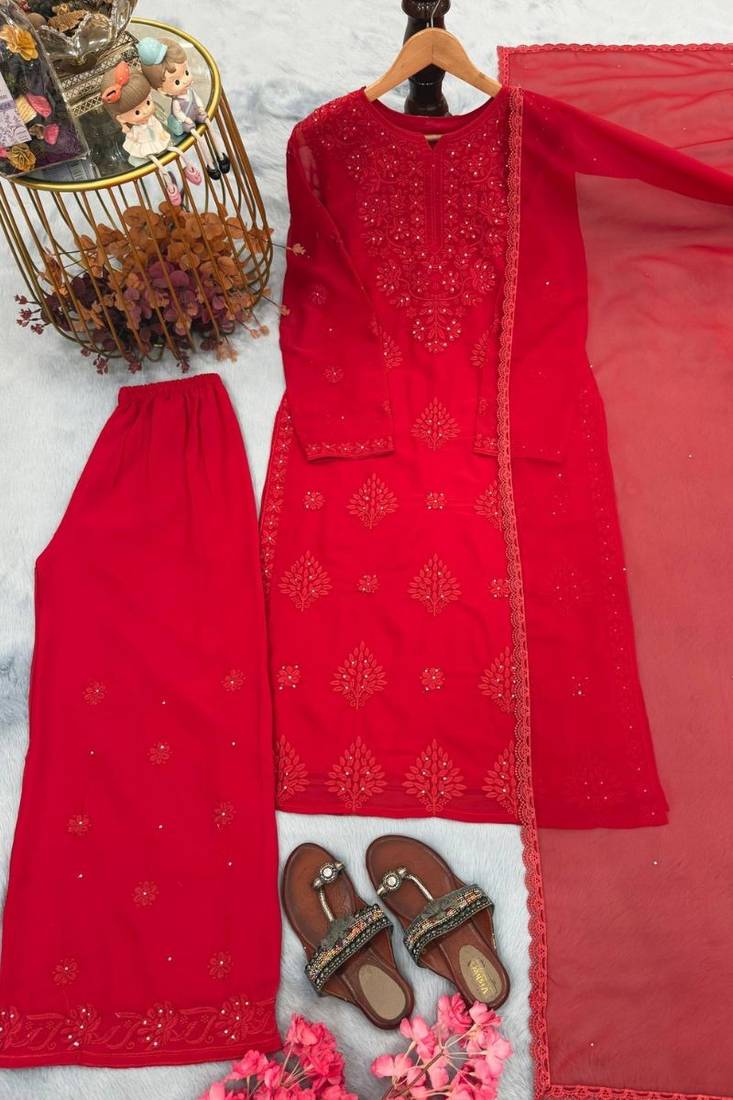 Red chikankari faux georgette embroidered top  palazzo & dupatta set