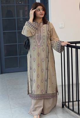 Beige faux georgette embroidered top  palazzo & dupatta suit set 1