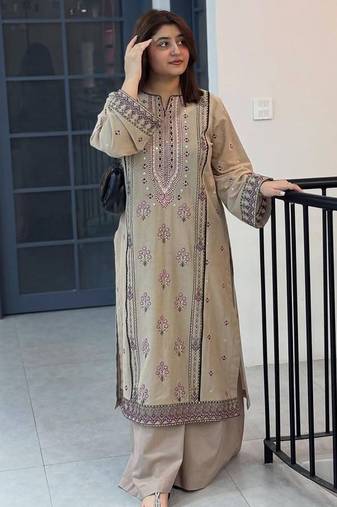 Beige faux georgette embroidered top  palazzo & dupatta suit set