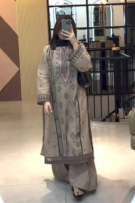 Beige faux georgette embroidered top  palazzo & dupatta suit set 2