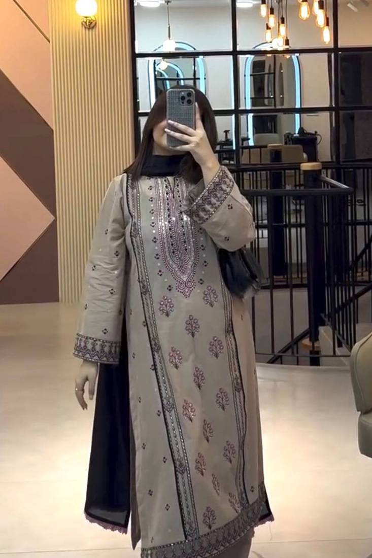 Beige faux georgette embroidered top  palazzo & dupatta suit set