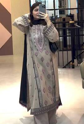 Beige faux georgette embroidered top  palazzo & dupatta suit set 4