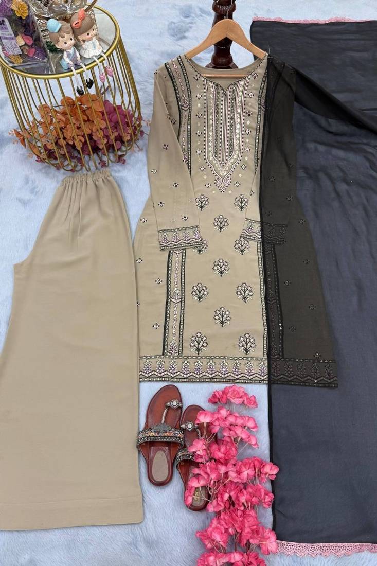 Beige faux georgette embroidered top  palazzo & dupatta suit set