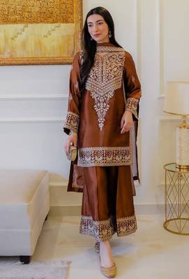 Pakistani style pure chinon silk blend embroidered top  palazzo & dupatta set 1