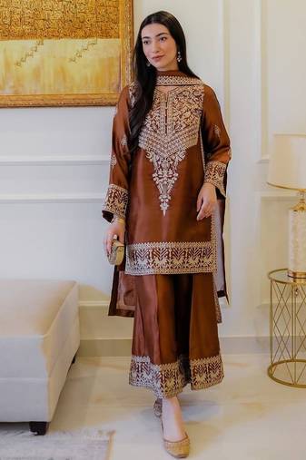 Pakistani style pure chinon silk blend embroidered top  palazzo & dupatta set