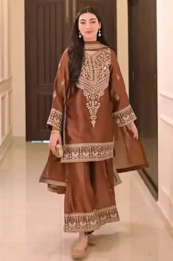Pakistani style pure chinon silk blend embroidered top  palazzo & dupatta set