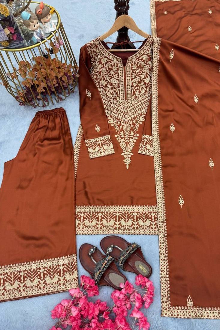 Pakistani style pure chinon silk blend embroidered top  palazzo & dupatta set