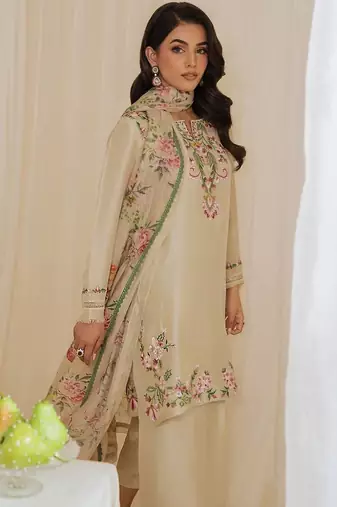 Gorgeous pakistani natural crepe top  farshi palazzo & printed dupatta set