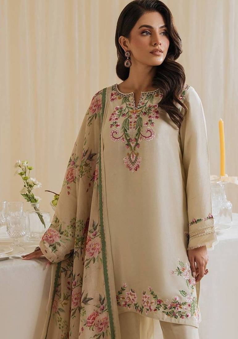 Gorgeous pakistani natural crepe top  farshi palazzo & printed dupatta set