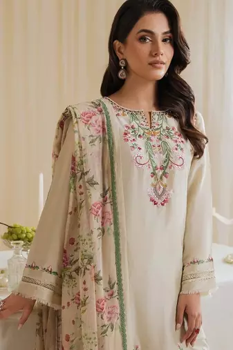 Gorgeous pakistani natural crepe top  farshi palazzo & printed dupatta set
