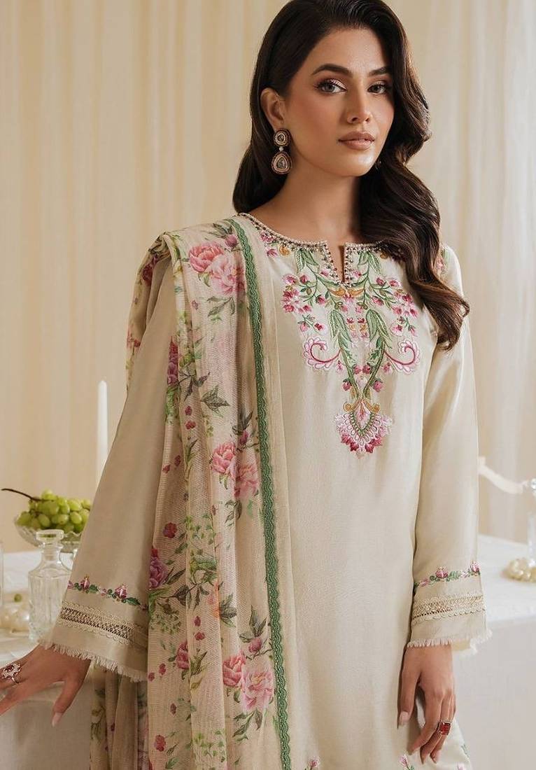 Gorgeous pakistani natural crepe top  farshi palazzo & printed dupatta set