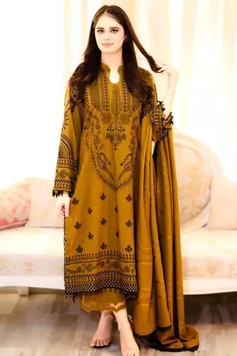 Pakistani mustard faux georgette embroidered top & palazzo set