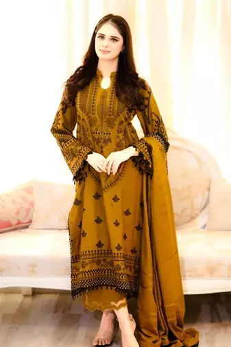 Pakistani mustard faux georgette embroidered top & palazzo set
