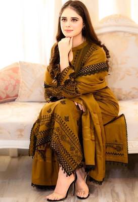 Pakistani mustard faux georgette embroidered top & palazzo set 3