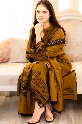 Pakistani mustard faux georgette embroidered top & palazzo set