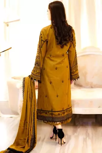 Pakistani mustard faux georgette embroidered top & palazzo set