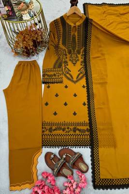 Pakistani mustard faux georgette embroidered top & palazzo set 5