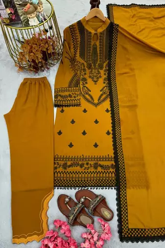 Pakistani mustard faux georgette embroidered top & palazzo set