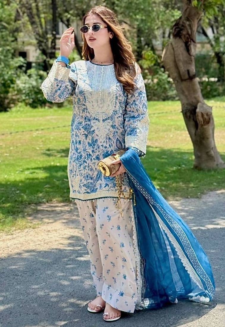 Printed natural crepe top  farshi palazzo & georgette dupatta set