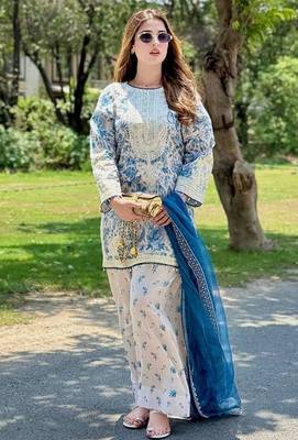 Printed natural crepe top  farshi palazzo & georgette dupatta set 3