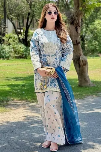 Printed natural crepe top  farshi palazzo & georgette dupatta set